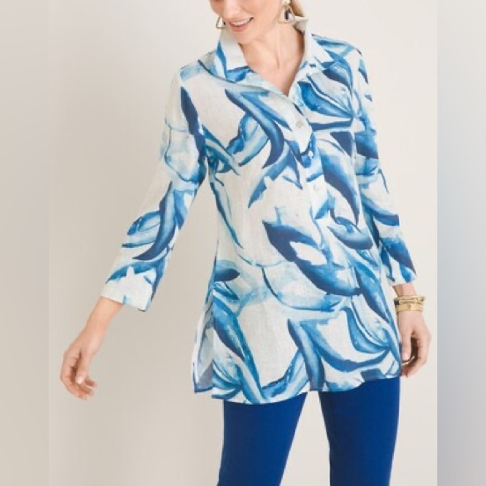 Chico’s Linen Leaf Print Pullover Tunic NEW